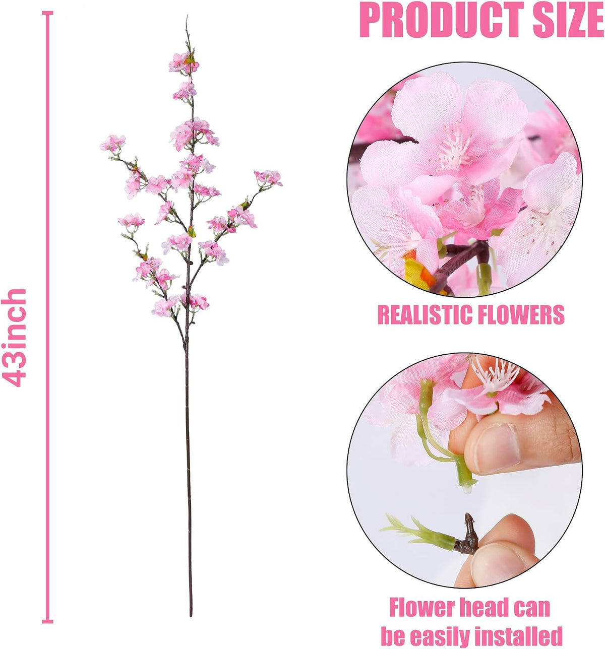 Artificial Cherry Blossom Flowers 4 Pcs Faux Cherry Blossom Stems Faux Silk Cherry Blossom Branches 43’’ Fake Flowers Long Stems for Vase Arrangements Home Wedding Table Decor (Pink)