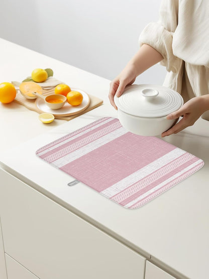 Dish Drying Mat for Kitchen Counter,Pink Minimalist Stripe Geometric Art Absorbent Microfiber Drainer Rack Pad Rustic Linen Texture Quick Dry Mat for Sinks Dishes Utensils 16x18in,1 Pack