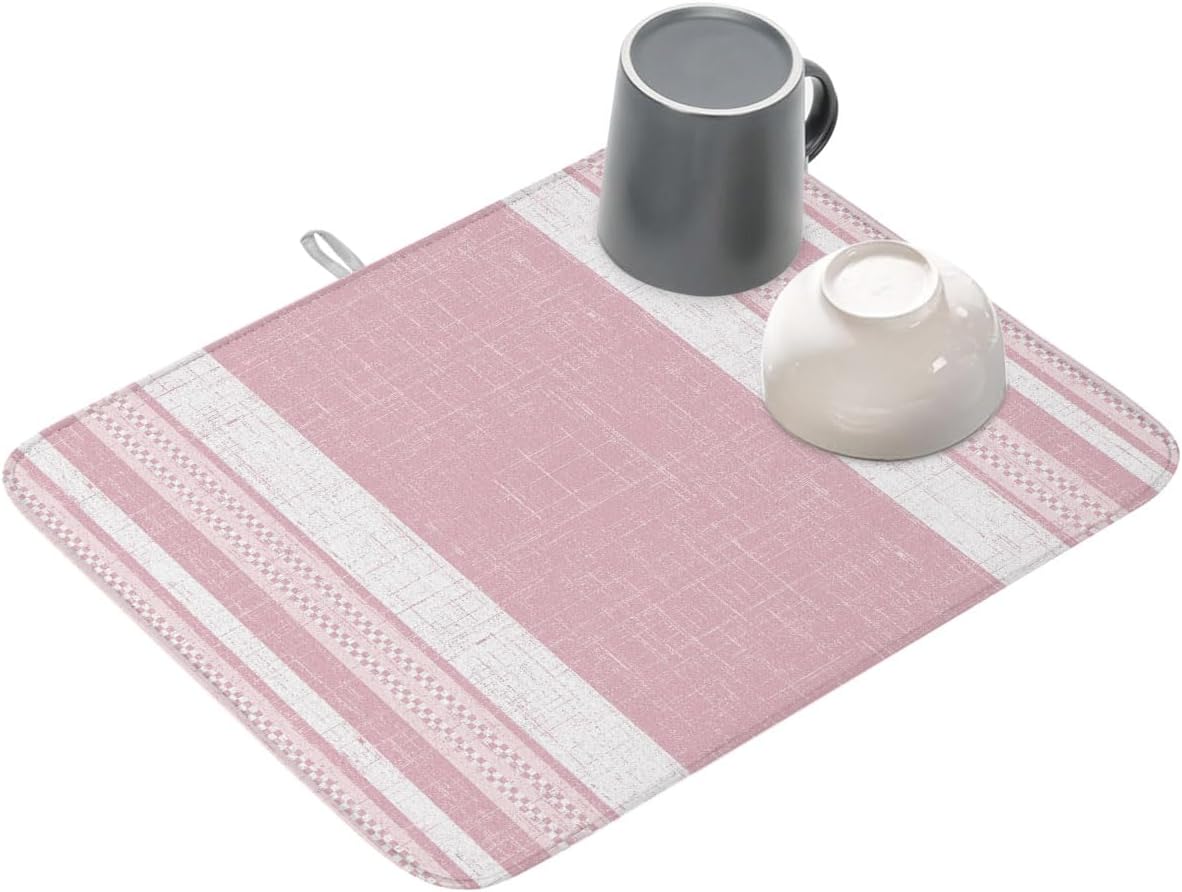 Dish Drying Mat for Kitchen Counter,Pink Minimalist Stripe Geometric Art Absorbent Microfiber Drainer Rack Pad Rustic Linen Texture Quick Dry Mat for Sinks Dishes Utensils 16x18in,1 Pack