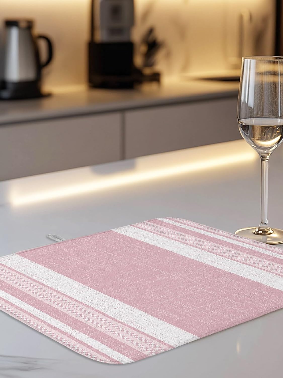 Dish Drying Mat for Kitchen Counter,Pink Minimalist Stripe Geometric Art Absorbent Microfiber Drainer Rack Pad Rustic Linen Texture Quick Dry Mat for Sinks Dishes Utensils 16x18in,1 Pack