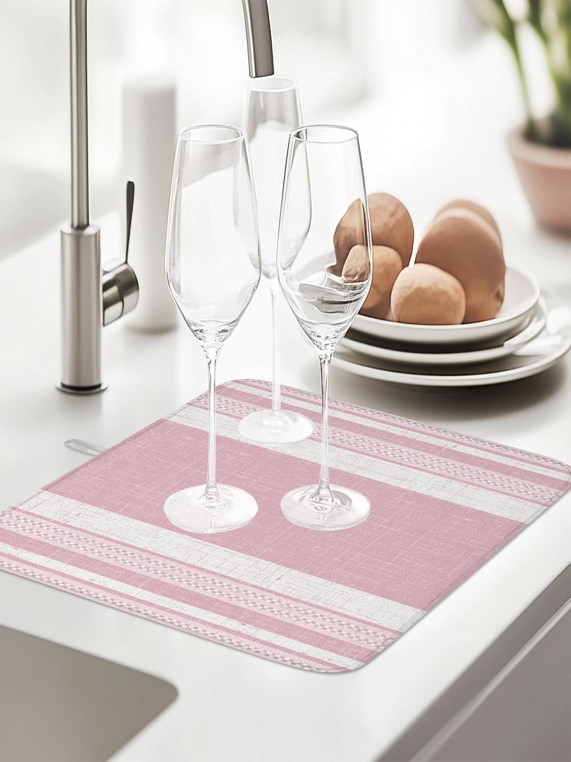 Dish Drying Mat for Kitchen Counter,Pink Minimalist Stripe Geometric Art Absorbent Microfiber Drainer Rack Pad Rustic Linen Texture Quick Dry Mat for Sinks Dishes Utensils 16x18in,1 Pack