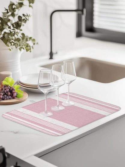 Dish Drying Mat for Kitchen Counter,Pink Minimalist Stripe Geometric Art Absorbent Microfiber Drainer Rack Pad Rustic Linen Texture Quick Dry Mat for Sinks Dishes Utensils 16x18in,1 Pack