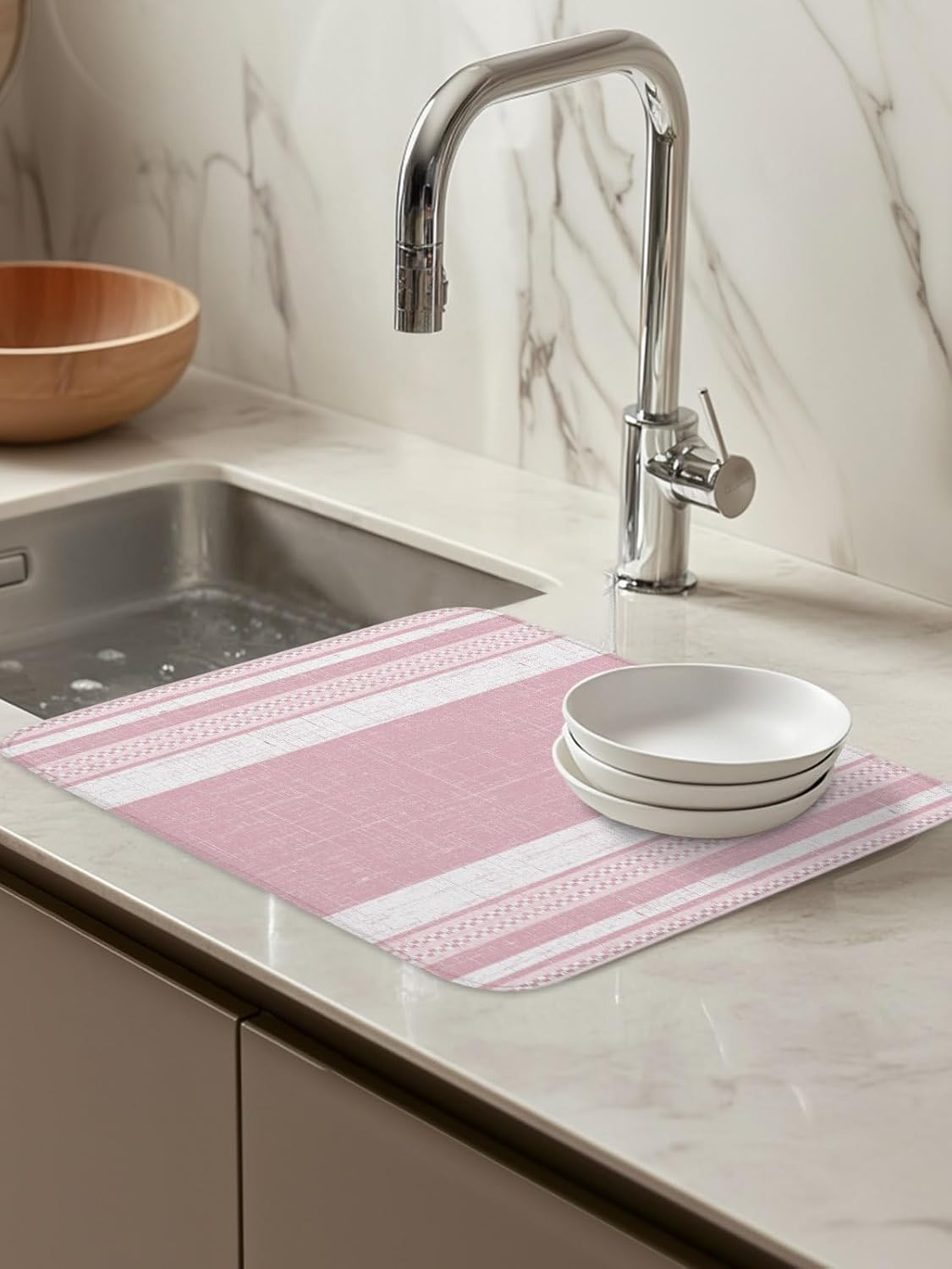 Dish Drying Mat for Kitchen Counter,Pink Minimalist Stripe Geometric Art Absorbent Microfiber Drainer Rack Pad Rustic Linen Texture Quick Dry Mat for Sinks Dishes Utensils 16x18in,1 Pack