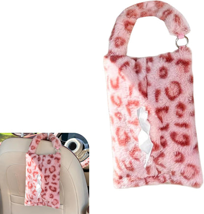Leopard Print Car Tissue Box, Hanging Cute Plush Car Tissue Holder, Snap-on Design 7.09" x 10.63" Tissues Storage Box, Universal for Most Cars (Pink)
