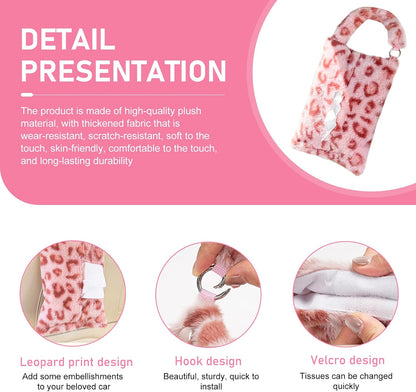 Leopard Print Car Tissue Box, Hanging Cute Plush Car Tissue Holder, Snap-on Design 7.09" x 10.63" Tissues Storage Box, Universal for Most Cars (Pink)