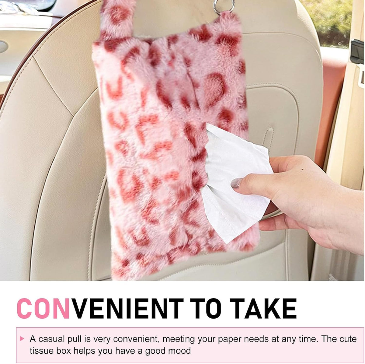 Leopard Print Car Tissue Box, Hanging Cute Plush Car Tissue Holder, Snap-on Design 7.09" x 10.63" Tissues Storage Box, Universal for Most Cars (Pink)