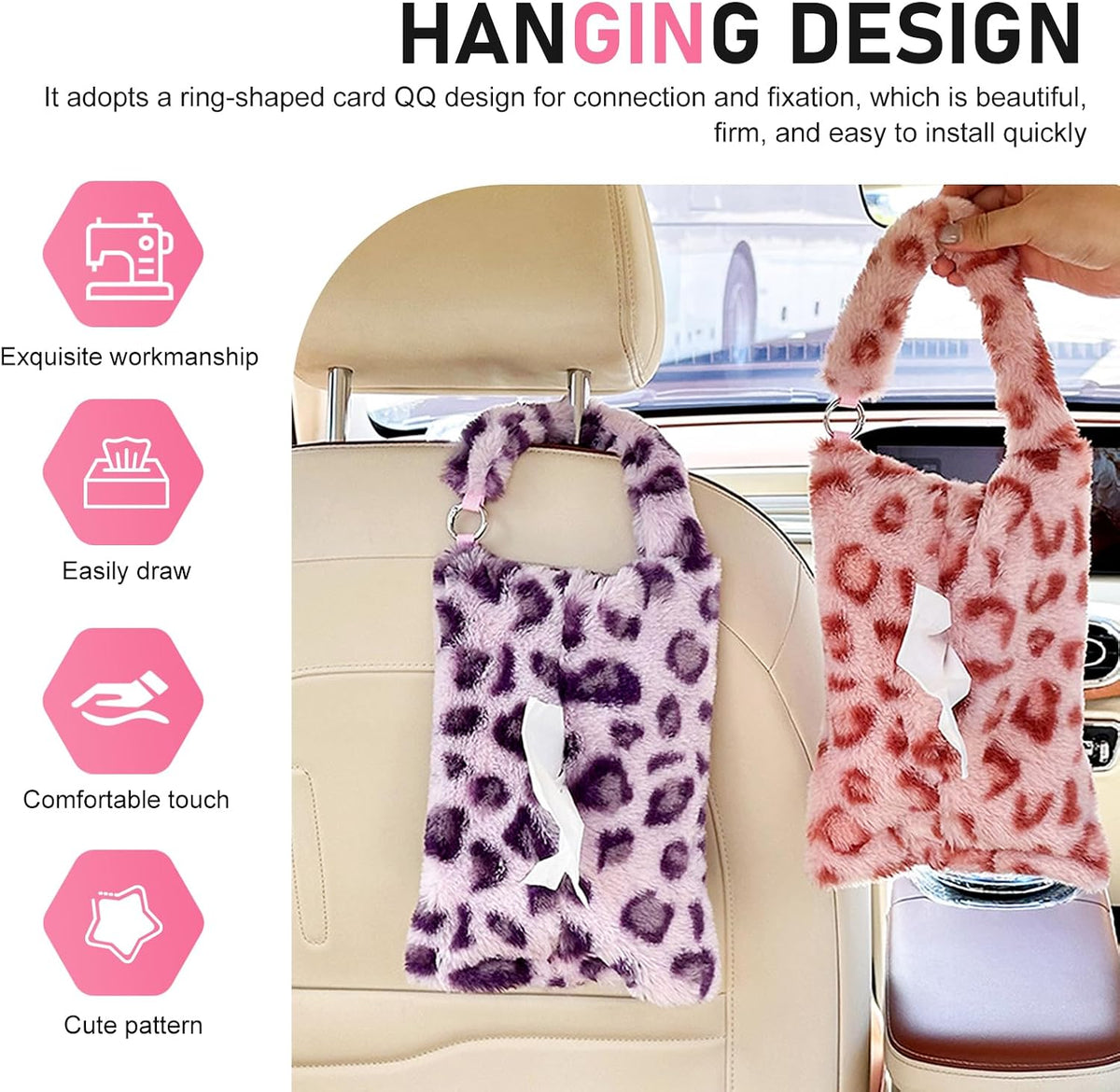 Leopard Print Car Tissue Box, Hanging Cute Plush Car Tissue Holder, Snap-on Design 7.09" x 10.63" Tissues Storage Box, Universal for Most Cars (Pink)