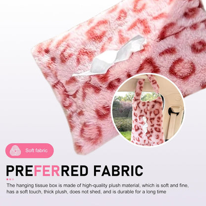 Leopard Print Car Tissue Box, Hanging Cute Plush Car Tissue Holder, Snap-on Design 7.09" x 10.63" Tissues Storage Box, Universal for Most Cars (Pink)