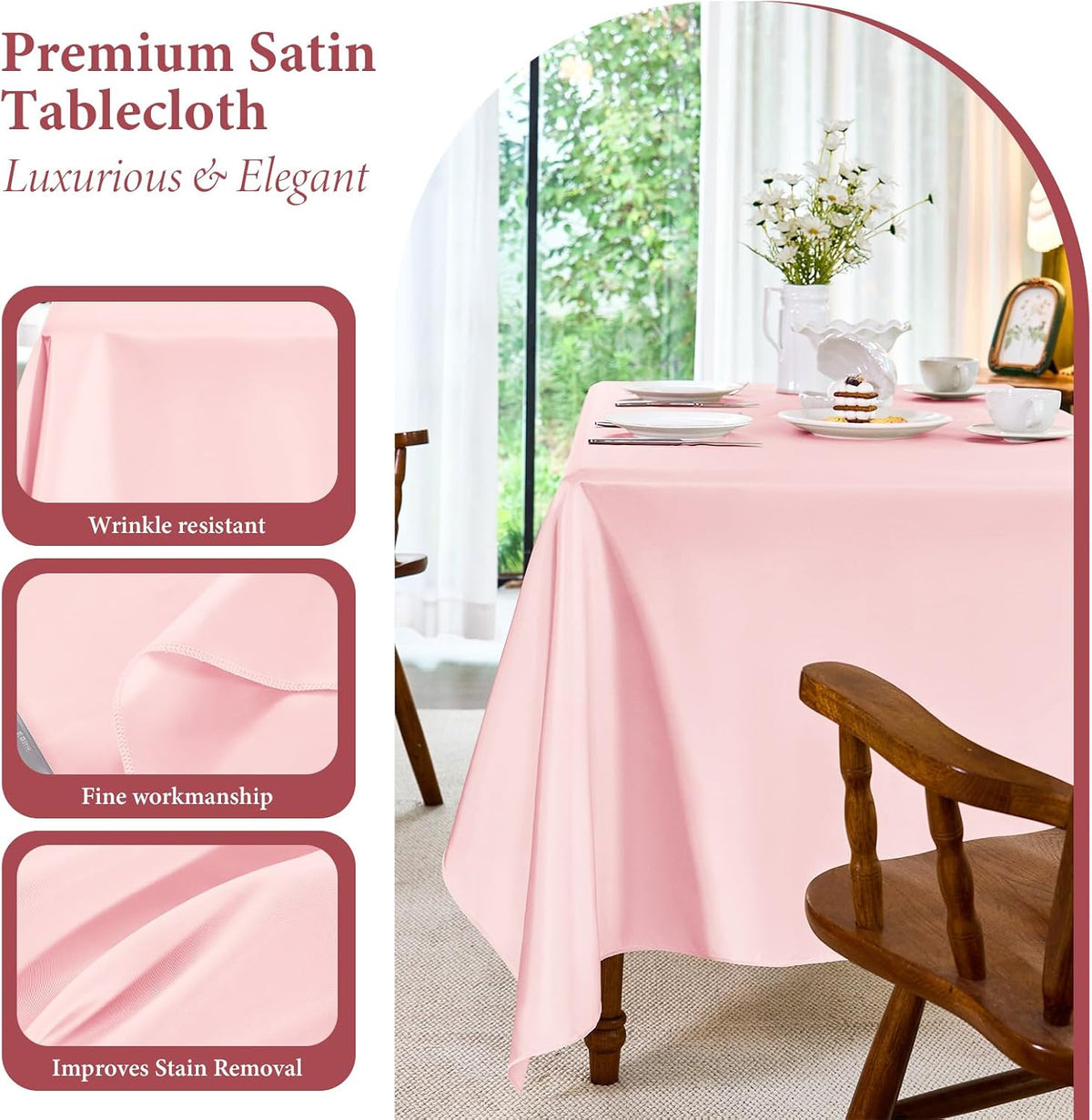 MICORAL 1 Pack Satin Tablecloth 58x102 Inches Rectangle - Soft Wrinkle Resistant Fabric for Wedding, Banquet, Valentine's Days, Party Decoration - Easy Care Machine Washable, Pink