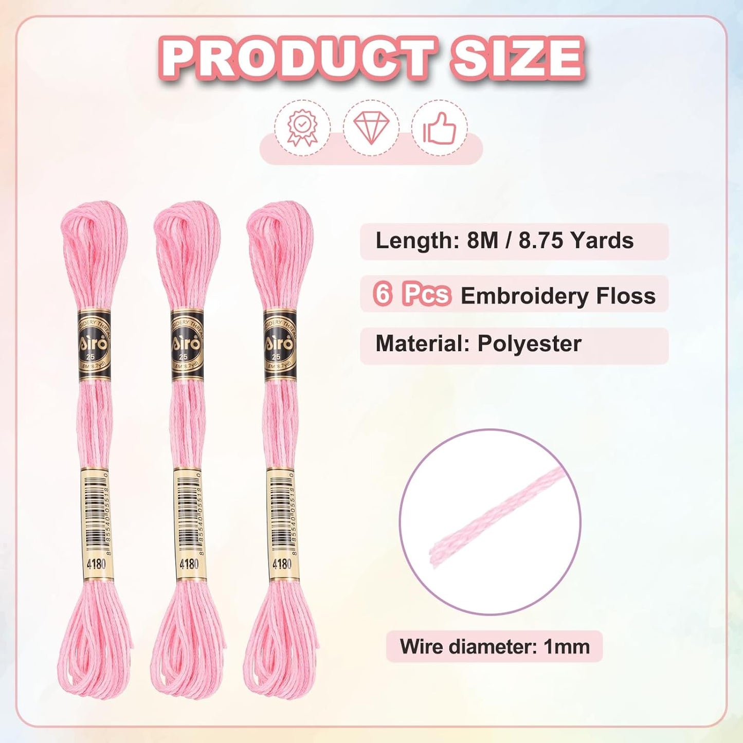 6 Skeins Embroidery Floss, Polyester Embroidery Threads Bracelets String for Cross-Stitch Hand Embroidery, Light Pink