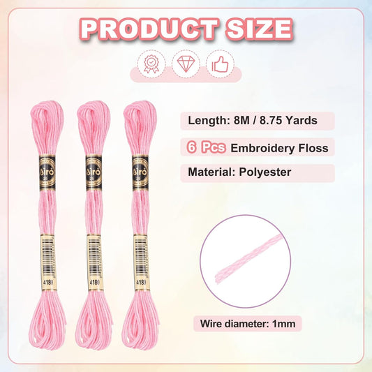 6 Skeins Embroidery Floss, Polyester Embroidery Threads Bracelets String for Cross-Stitch Hand Embroidery, Light Pink