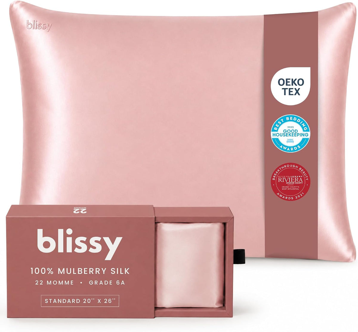 Silk Pillowcase - 100% Pure Mulberry Silk - 22 Momme 6A High-Grade Fibers - Silk Pillow Cover for Hair & Skin - Regular, Queen & King (Pink, Standard)