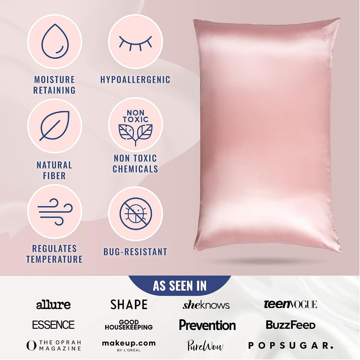 Silk Pillowcase - 100% Pure Mulberry Silk - 22 Momme 6A High-Grade Fibers - Silk Pillow Cover for Hair & Skin - Regular, Queen & King (Pink, Standard)