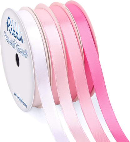 Pink Satin Ribbon 3/8 Inch x 4 Rolls Total 40 Yards- White Pink Ribbon for Gift Wrapping Craft Wedding Decoration