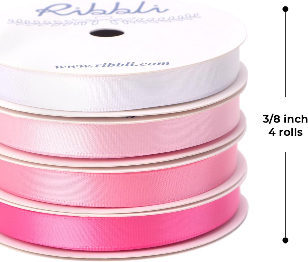 Pink Satin Ribbon 3/8 Inch x 4 Rolls Total 40 Yards- White Pink Ribbon for Gift Wrapping Craft Wedding Decoration