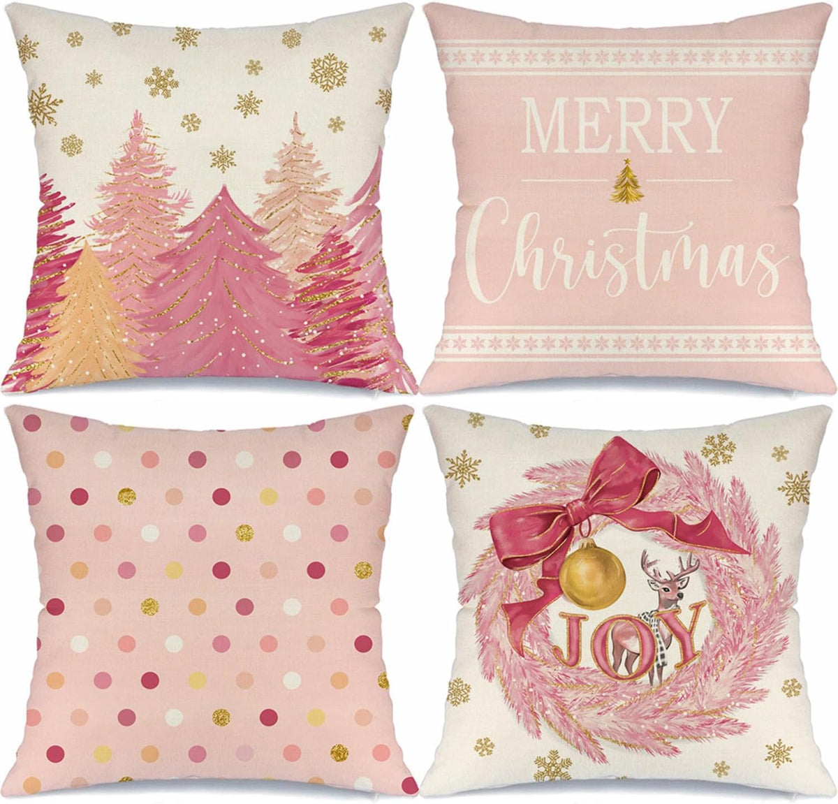 Pink Christmas Tree Wreath Pillow Covers 18x18 Inch Set of 4