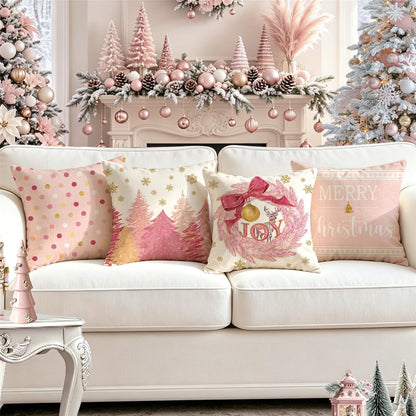 Pink Christmas Tree Wreath Pillow Covers 18x18 Inch Set of 4