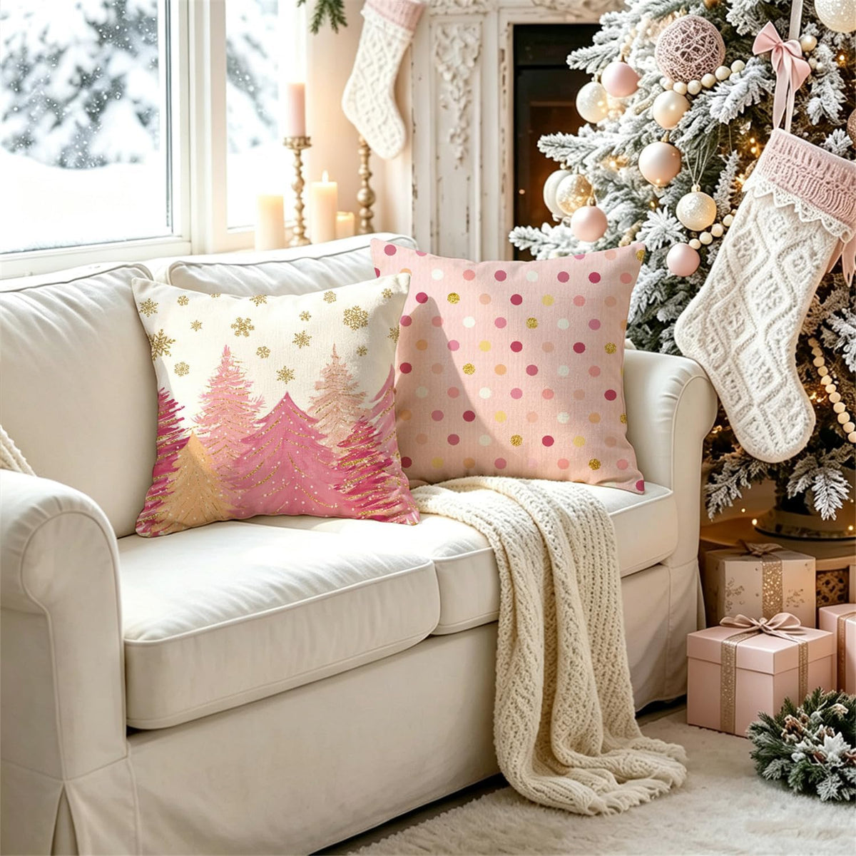 Pink Christmas Tree Wreath Pillow Covers 18x18 Inch Set of 4