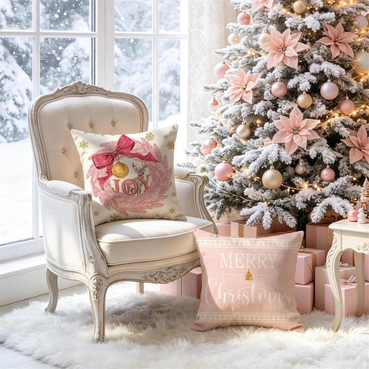 Pink Christmas Tree Wreath Pillow Covers 18x18 Inch Set of 4