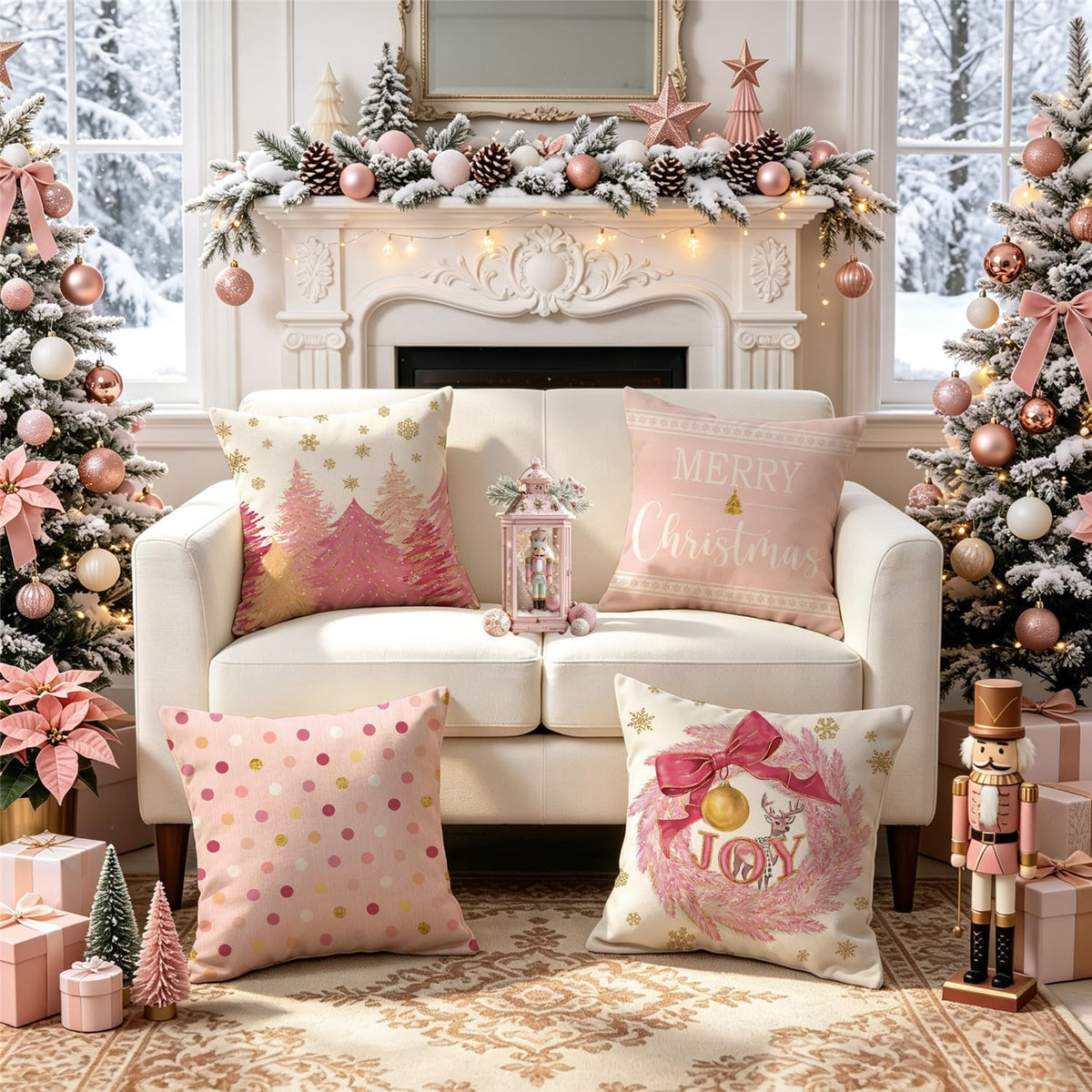 Pink Christmas Tree Wreath Pillow Covers 18x18 Inch Set of 4