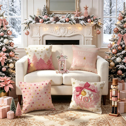 Pink Christmas Tree Wreath Pillow Covers 18x18 Inch Set of 4