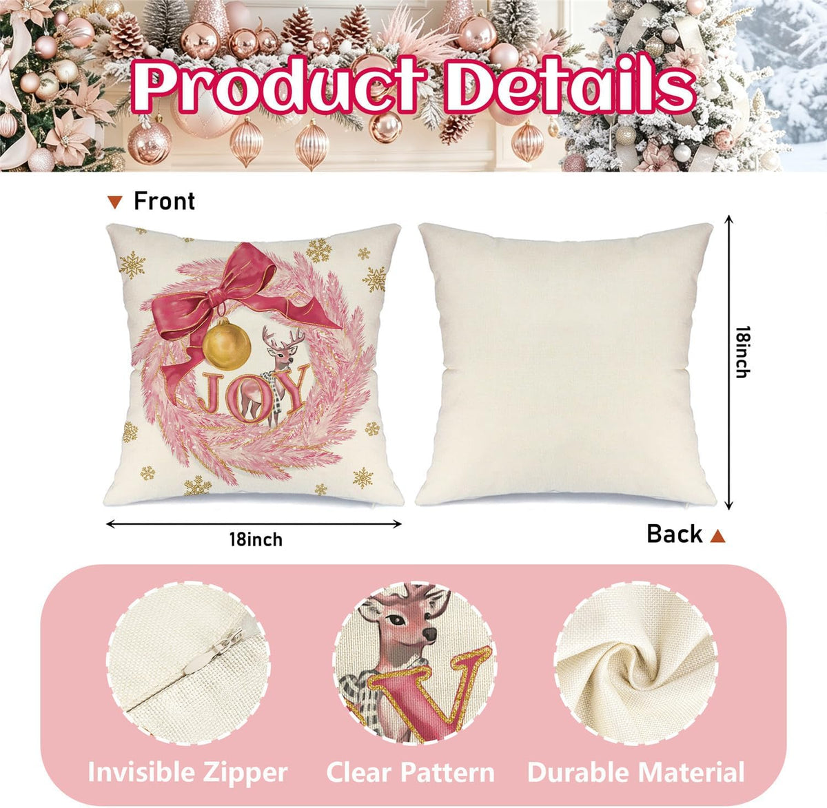 Pink Christmas Tree Wreath Pillow Covers 18x18 Inch Set of 4