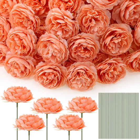 Thiccywoov 100 Pcs Long Stem Artificial Fake Roses Flowers, Peach