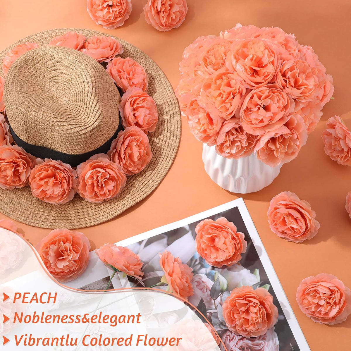 Thiccywoov 100 Pcs Long Stem Artificial Fake Roses Flowers, Peach