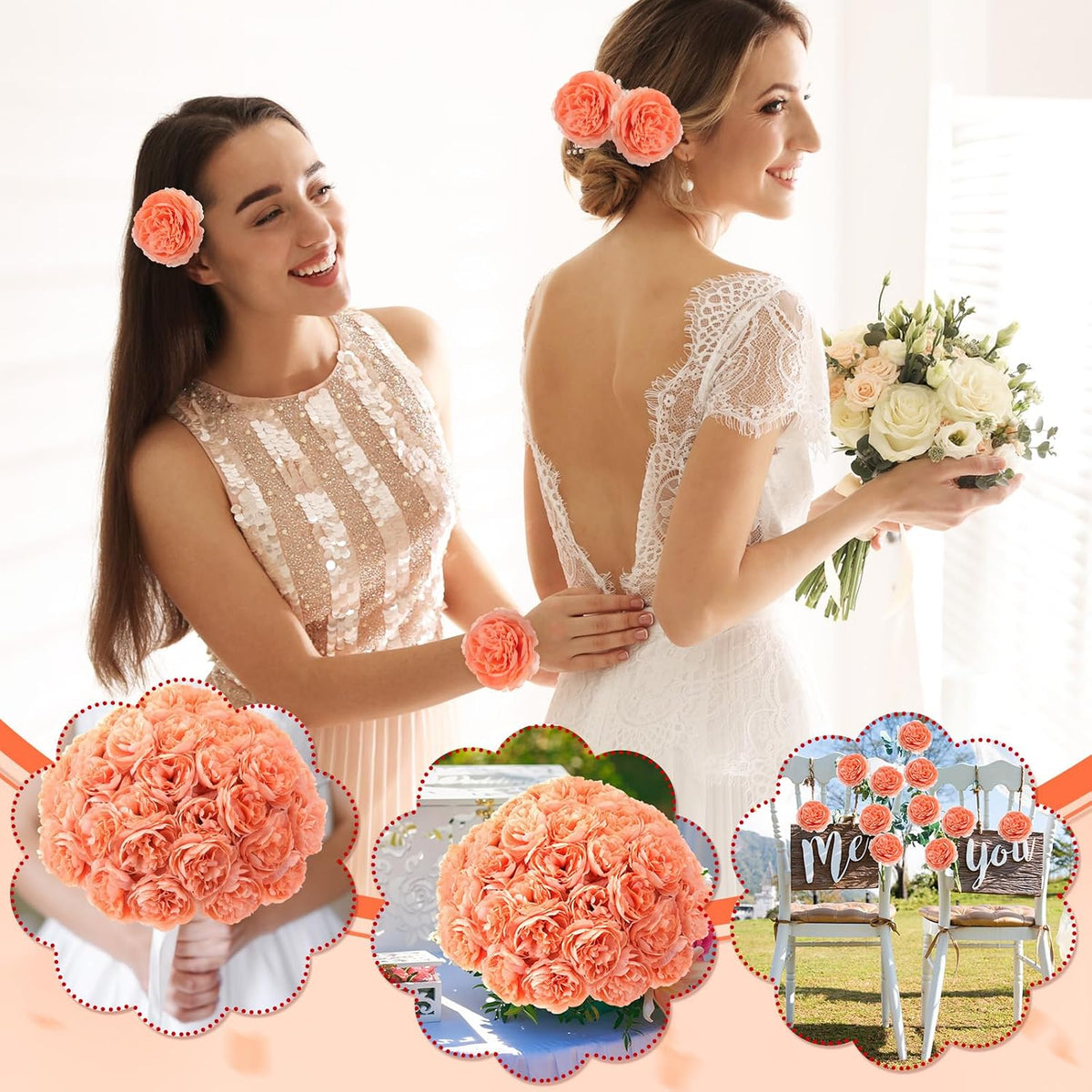 Thiccywoov 100 Pcs Long Stem Artificial Fake Roses Flowers, Peach