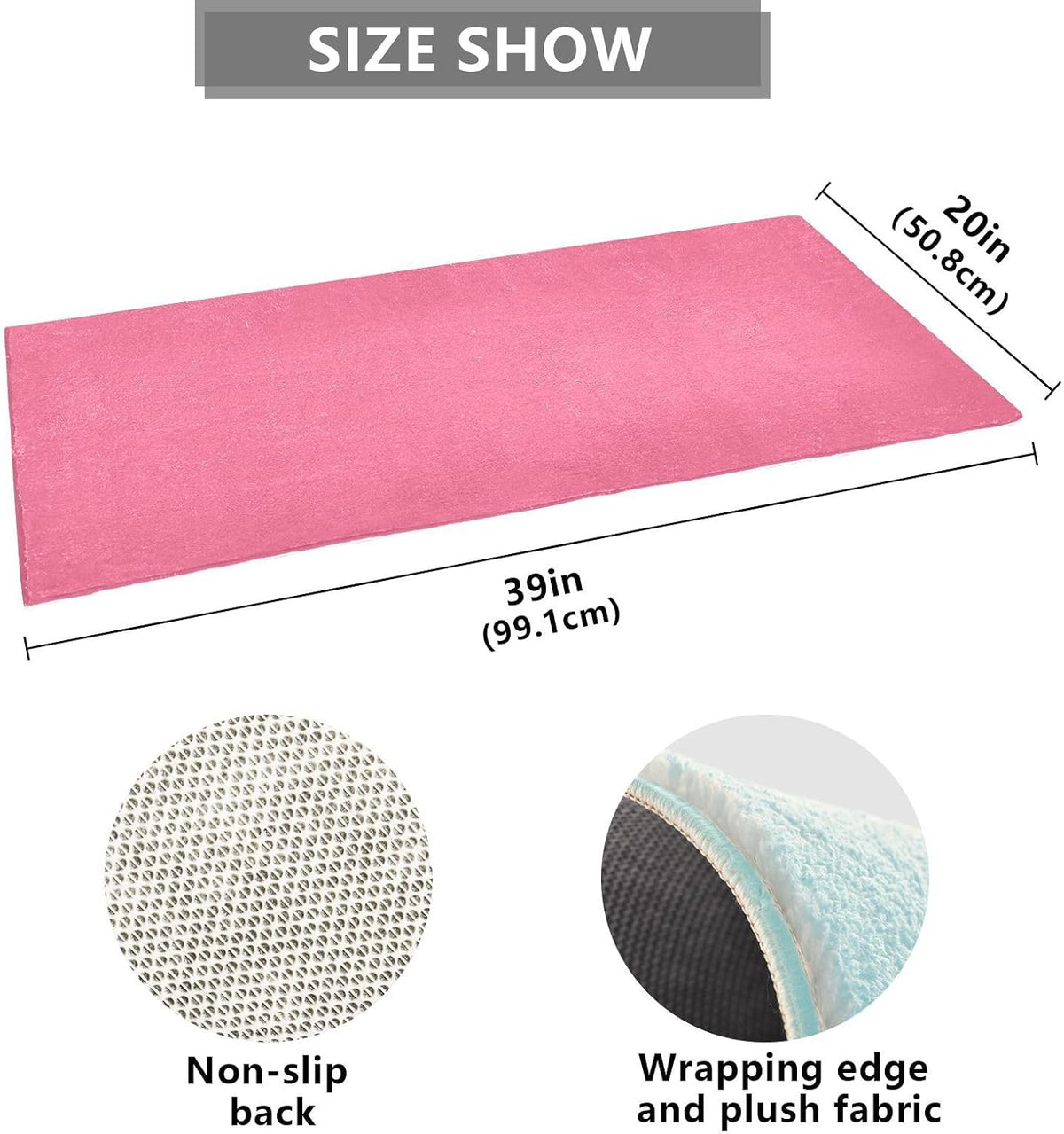 Bath Mat 39x20 Inch, Pink Solid Color Soft Absorbent Plush Rug, Non-Slip Washable Floor Mat for Bathroom Bedroom Kitchen Entryway Carpet