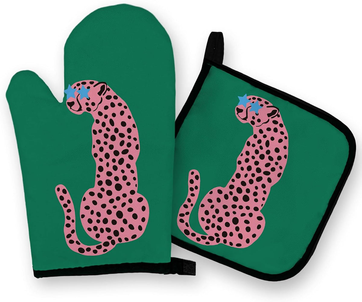 Green Leopard Oven Mitts and Pot Holders Sets, Pink Preppy Leopard Kitchen Decor Accessories, Green Pink Cheetah Heat Resistant Oven Gloves Hot Pads for Kitchen Cooking Baking Grilling
