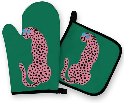 Green Leopard Oven Mitts and Pot Holders Sets, Pink Preppy Leopard Kitchen Decor Accessories, Green Pink Cheetah Heat Resistant Oven Gloves Hot Pads for Kitchen Cooking Baking Grilling