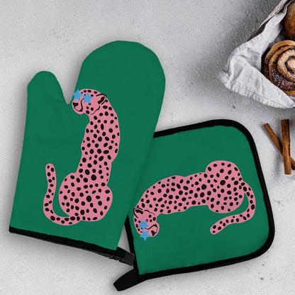 Green Leopard Oven Mitts and Pot Holders Sets, Pink Preppy Leopard Kitchen Decor Accessories, Green Pink Cheetah Heat Resistant Oven Gloves Hot Pads for Kitchen Cooking Baking Grilling