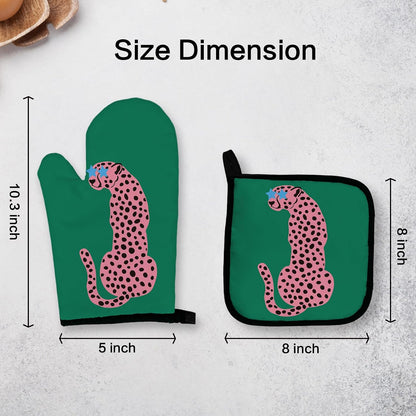 Green Leopard Oven Mitts and Pot Holders Sets, Pink Preppy Leopard Kitchen Decor Accessories, Green Pink Cheetah Heat Resistant Oven Gloves Hot Pads for Kitchen Cooking Baking Grilling