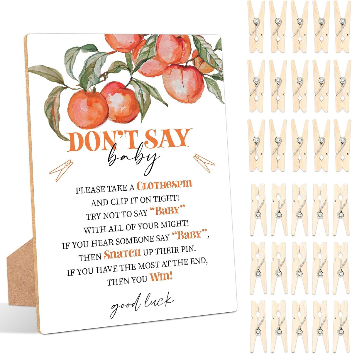 Peach Don't Say Baby Clothespin Game, Pack of 1 Wooden Tabletop Sign with Stand and 50 Mini Natural Clothespins, Sweet Peach Baby Shower Game, Gender Reveal Party Decorations - QX15
