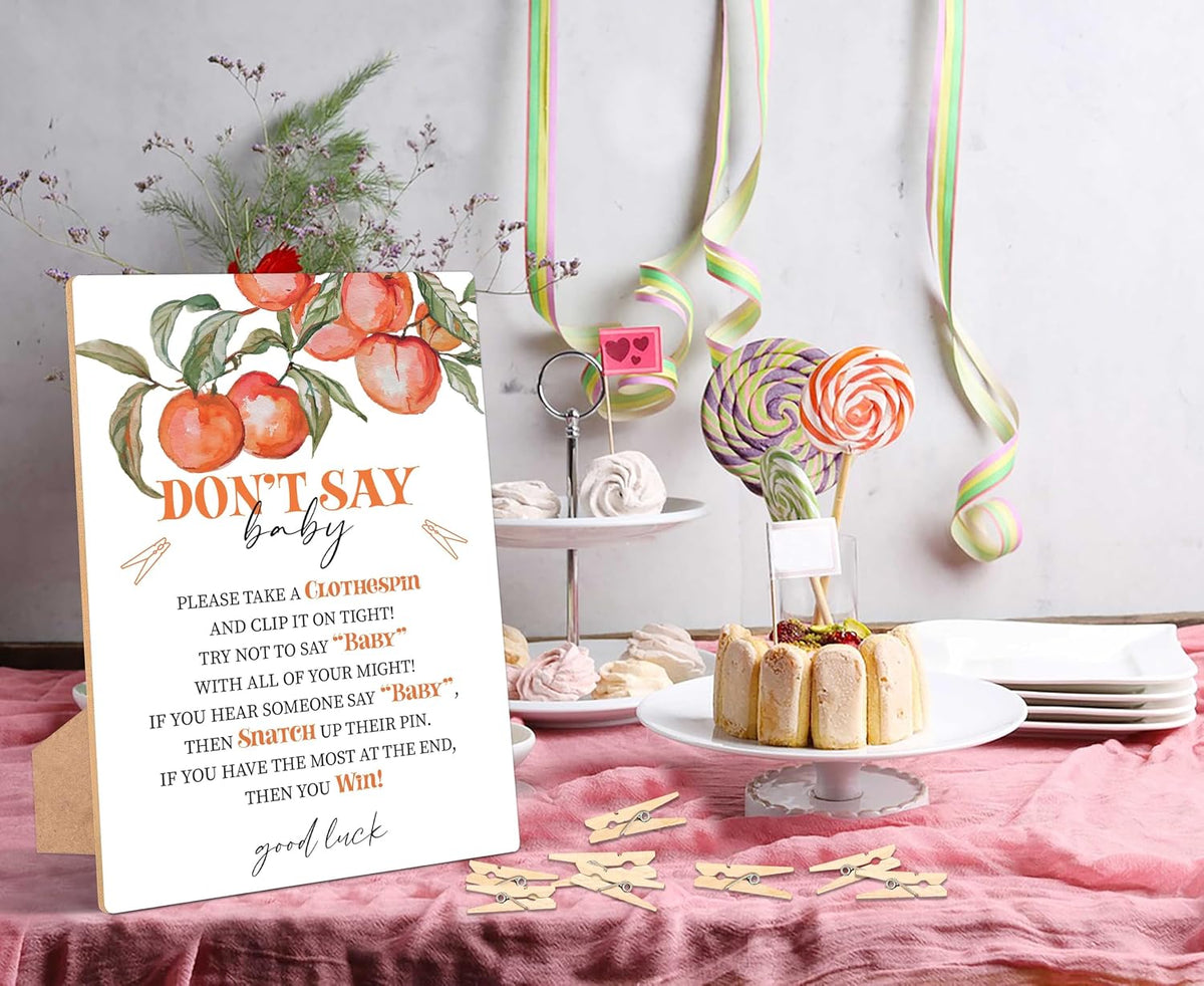 Peach Don't Say Baby Clothespin Game, Pack of 1 Wooden Tabletop Sign with Stand and 50 Mini Natural Clothespins, Sweet Peach Baby Shower Game, Gender Reveal Party Decorations - QX15