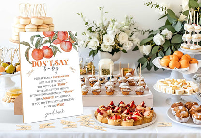 Peach Don't Say Baby Clothespin Game, Pack of 1 Wooden Tabletop Sign with Stand and 50 Mini Natural Clothespins, Sweet Peach Baby Shower Game, Gender Reveal Party Decorations - QX15