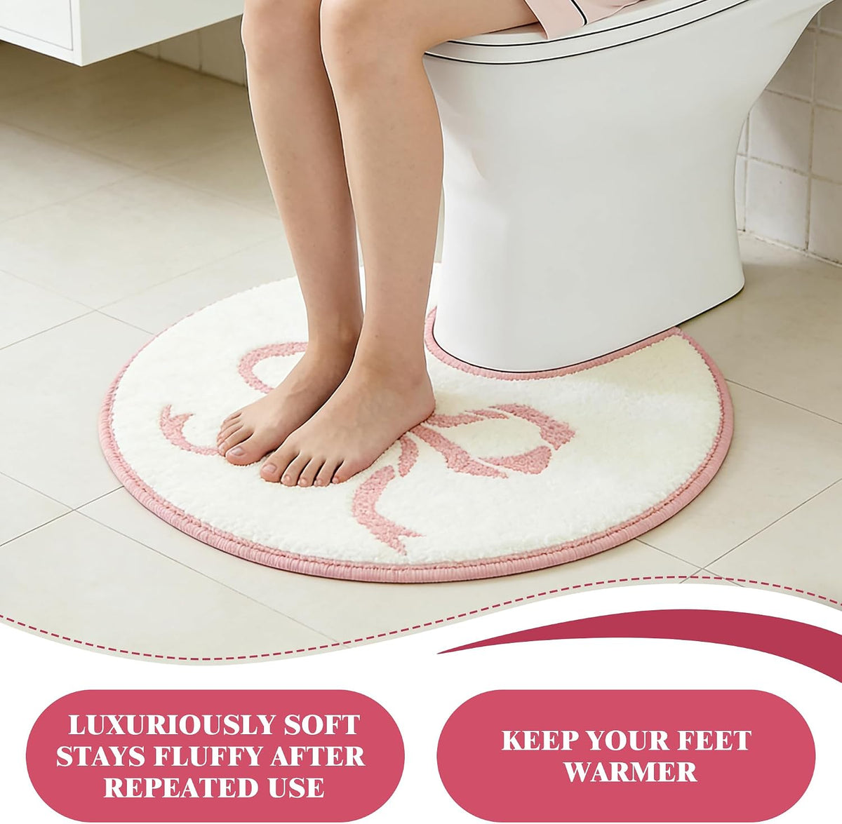 Round Toilet Bathroom Rug,Toilet Rugs U Shaped Washable Non Slip,Pink Bath Bathroom Mat Bow Stuff,24" Diameter Soft Plush Microfiber with Highly Absorbent Floor Mat. (Pink)