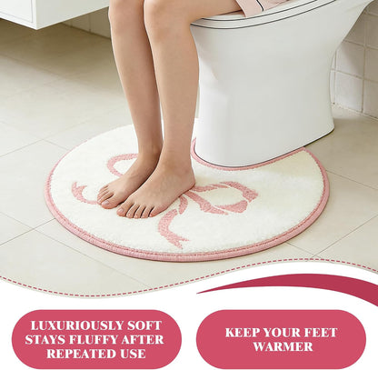 Round Toilet Bathroom Rug,Toilet Rugs U Shaped Washable Non Slip,Pink Bath Bathroom Mat Bow Stuff,24" Diameter Soft Plush Microfiber with Highly Absorbent Floor Mat. (Pink)