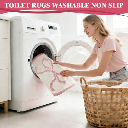 Round Toilet Bathroom Rug,Toilet Rugs U Shaped Washable Non Slip,Pink Bath Bathroom Mat Bow Stuff,24" Diameter Soft Plush Microfiber with Highly Absorbent Floor Mat. (Pink)