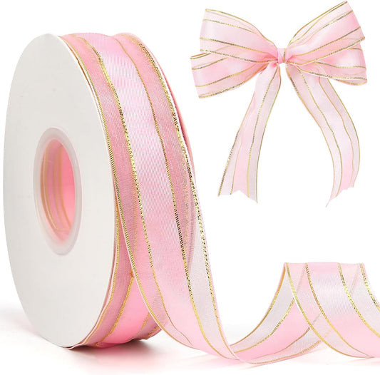 Pink Ribbon for Gift Wrapping 1 Inch 50 Yards Pink Sheer Christmas Organza Ribbon Gold Edge Chiffon Ribbons for Weeding Invitations Bridal Bouquet Valentines Baby Shower Decor Crafts Hair Bow