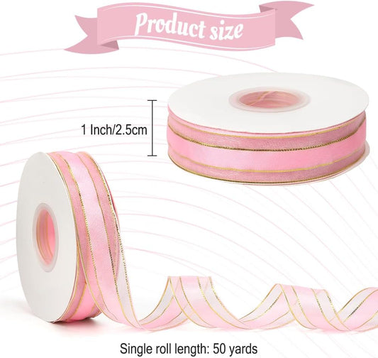 Pink Ribbon for Gift Wrapping 1 Inch 50 Yards Pink Sheer Christmas Organza Ribbon Gold Edge Chiffon Ribbons for Weeding Invitations Bridal Bouquet Valentines Baby Shower Decor Crafts Hair Bow