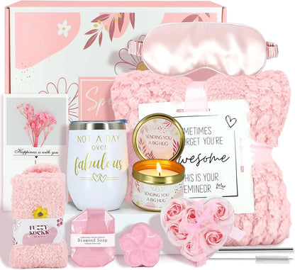 Birthday Gifts for Women Mother's Day Gift Self Care Get Well Soon Gifts Flower Relaxing Spa Gift Basket Bath Set,Unique Luxury Self Care Box Gift for Mom Her Wife Sister Girlfriend, Girl Friend Pink
