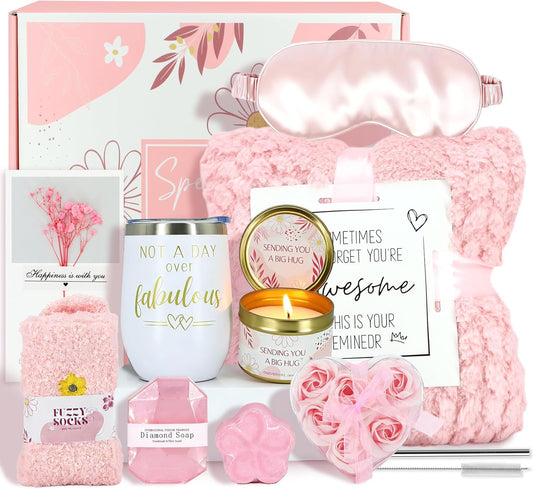 Birthday Gifts for Women Mother's Day Gift Self Care Get Well Soon Gifts Flower Relaxing Spa Gift Basket Bath Set,Unique Luxury Self Care Box Gift for Mom Her Wife Sister Girlfriend, Girl Friend Pink
