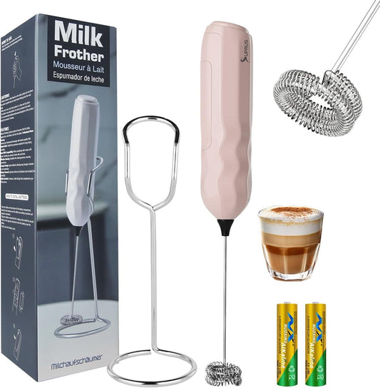 Ultra Fast Handheld Milk Frother Double Whisk with Stand 2 Batteries Stainless Steel for Lattes Cappuccino Matcha Hot Chocolate Coffee Bar Accessories Kitchen Gadgets Gift
