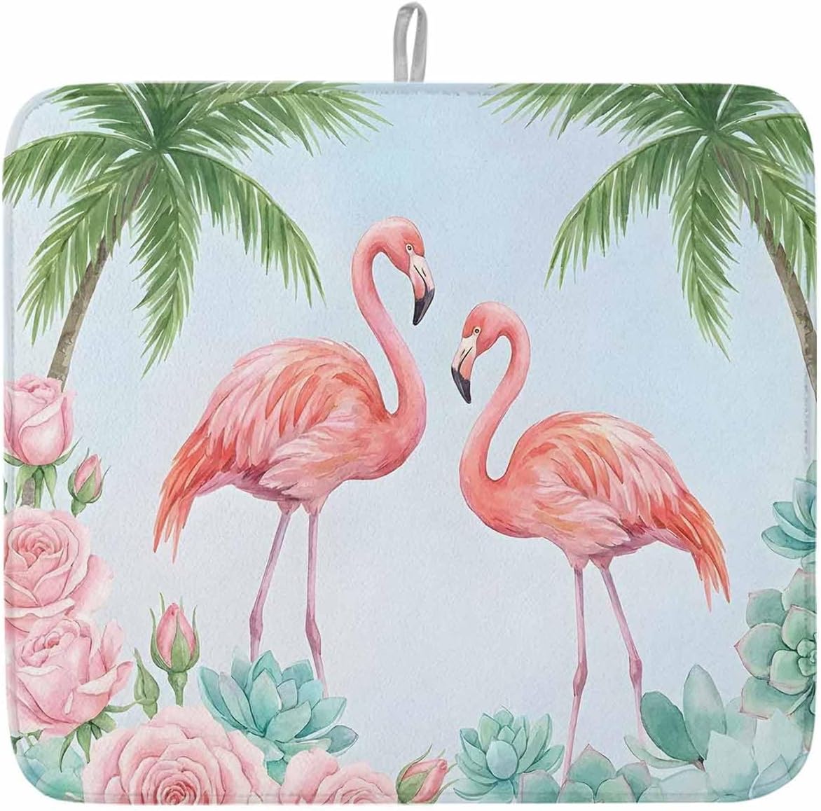 Dish Drying Mat for Kitchen Counter,Coastal Flamingo Pink Rose Absorbent Microfiber Drainer Rack Pad Light Blue Background Quick Dry Mat for Sinks Dishes Utensils 16x18in,1 Pack