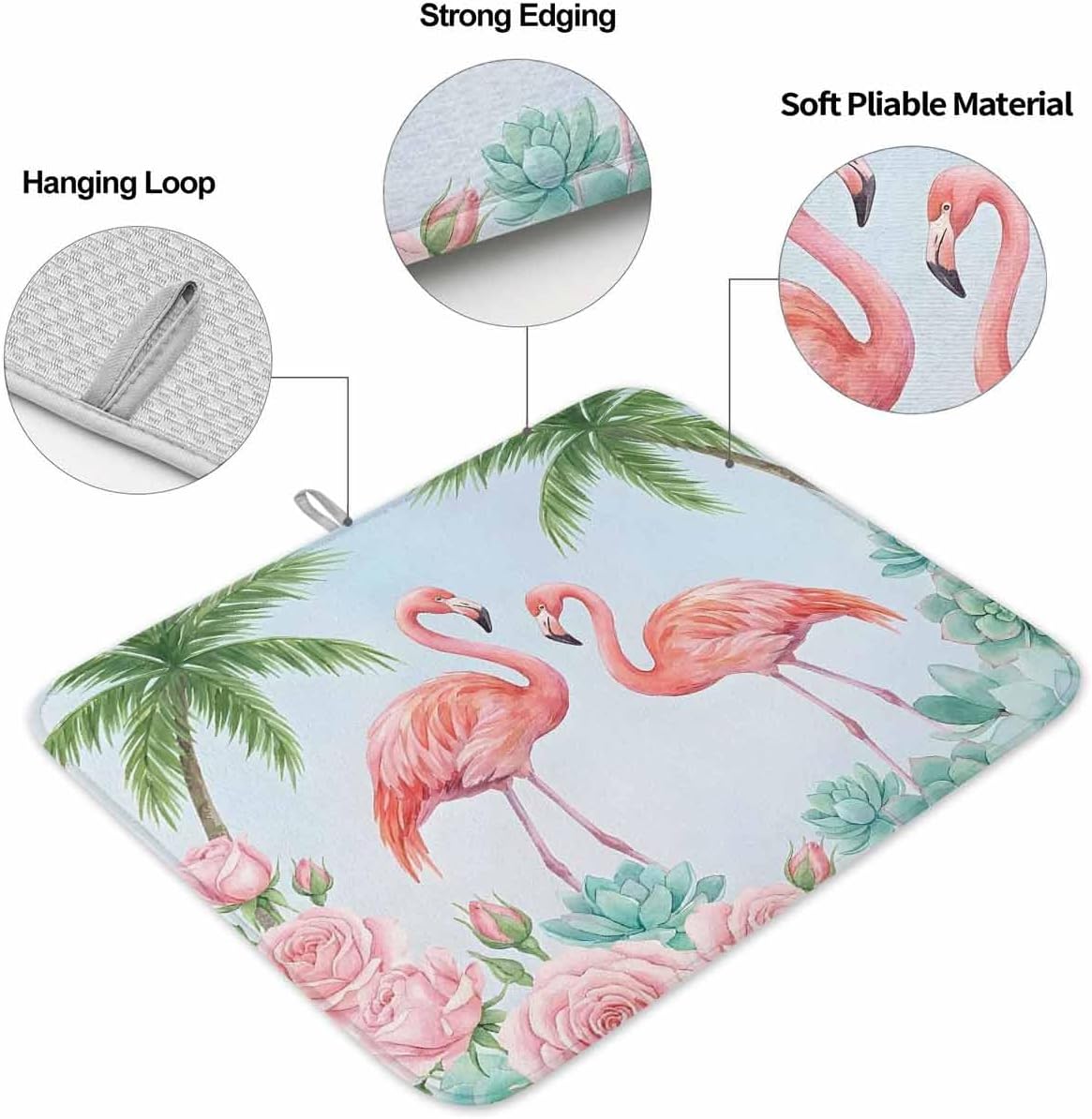 Dish Drying Mat for Kitchen Counter,Coastal Flamingo Pink Rose Absorbent Microfiber Drainer Rack Pad Light Blue Background Quick Dry Mat for Sinks Dishes Utensils 16x18in,1 Pack