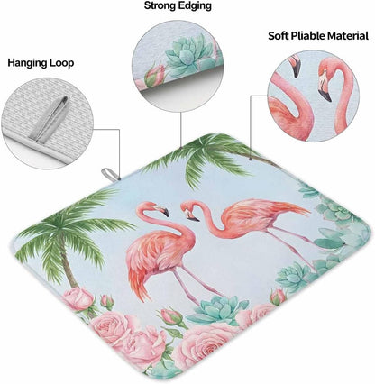 Dish Drying Mat for Kitchen Counter,Coastal Flamingo Pink Rose Absorbent Microfiber Drainer Rack Pad Light Blue Background Quick Dry Mat for Sinks Dishes Utensils 16x18in,1 Pack