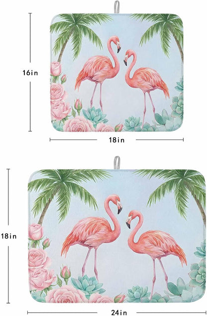 Dish Drying Mat for Kitchen Counter,Coastal Flamingo Pink Rose Absorbent Microfiber Drainer Rack Pad Light Blue Background Quick Dry Mat for Sinks Dishes Utensils 16x18in,1 Pack