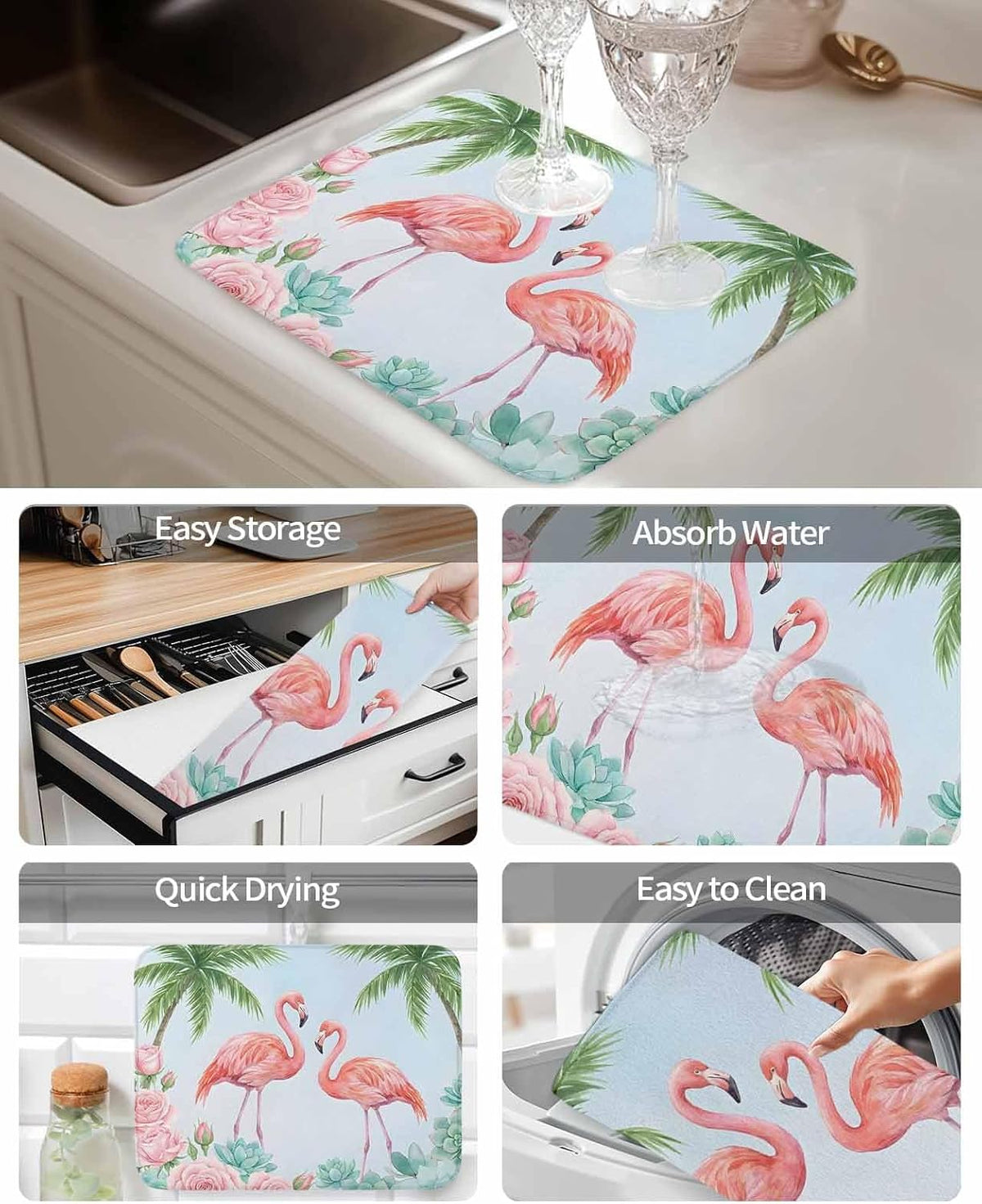 Dish Drying Mat for Kitchen Counter,Coastal Flamingo Pink Rose Absorbent Microfiber Drainer Rack Pad Light Blue Background Quick Dry Mat for Sinks Dishes Utensils 16x18in,1 Pack
